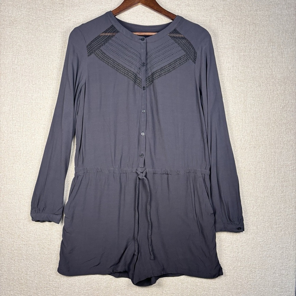 LOFT Ann Taylor Gray Long Sleeve Romper Lace Crochet Detail Button Front Large